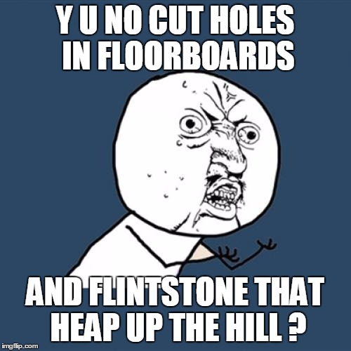 Y U No Meme | Y U NO CUT HOLES IN FLOORBOARDS AND FLINTSTONE THAT HEAP UP THE HILL ? | image tagged in memes,y u no | made w/ Imgflip meme maker