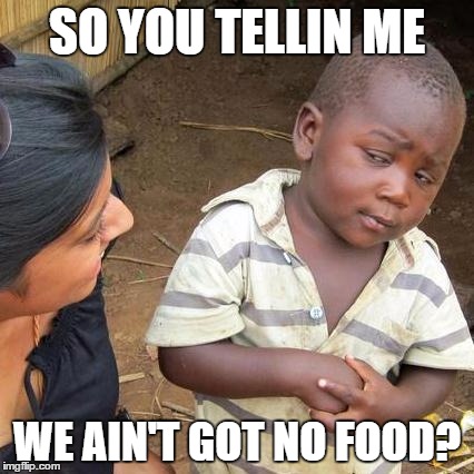 Third World Skeptical Kid Meme | SO YOU TELLIN ME; WE AIN'T GOT NO FOOD? | image tagged in memes,third world skeptical kid | made w/ Imgflip meme maker