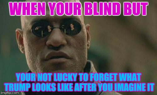 Matrix Morpheus Meme | WHEN YOUR BLIND BUT; YOUR NOT LUCKY TO FORGET WHAT TRUMP LOOKS LIKE AFTER YOU IMAGINE IT | image tagged in memes,matrix morpheus | made w/ Imgflip meme maker