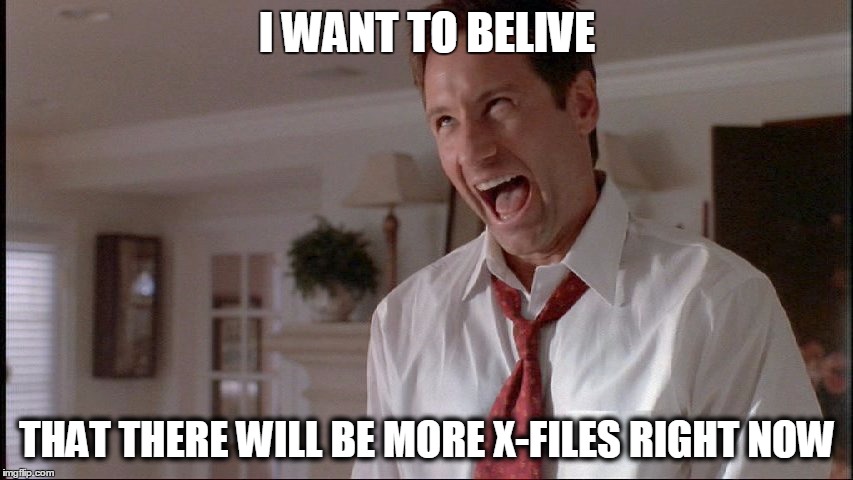 Fox Mulder The X Files | I WANT TO BELIVE; THAT THERE WILL BE MORE X-FILES RIGHT NOW | image tagged in fox mulder the x files | made w/ Imgflip meme maker