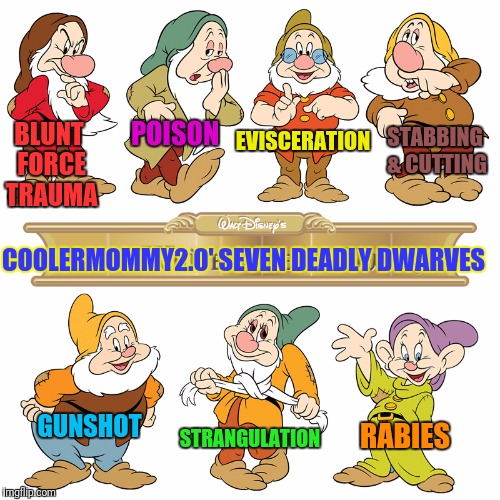 STRANGULATION BLUNT FORCE TRAUMA POISON GUNSHOT EVISCERATION STABBING & CUTTING COOLERMOMMY2.0' SEVEN DEADLY DWARVES RABIES | made w/ Imgflip meme maker