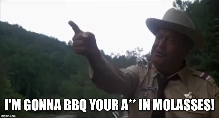 I'm Gonna BBQ Your A** In Molasses! | I'M GONNA BBQ YOUR A** IN MOLASSES! | image tagged in buford t justice bbq your ass,memes,smokey and the bandit,jackie gleason,buford t justice | made w/ Imgflip meme maker
