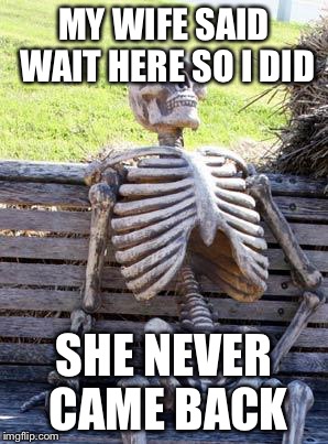 Waiting Skeleton Meme | MY WIFE SAID WAIT HERE SO I DID; SHE NEVER CAME BACK | image tagged in memes,waiting skeleton | made w/ Imgflip meme maker