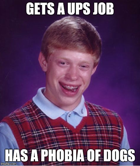 Bad Luck Brian Meme | GETS A UPS JOB HAS A PHOBIA OF DOGS | image tagged in memes,bad luck brian | made w/ Imgflip meme maker