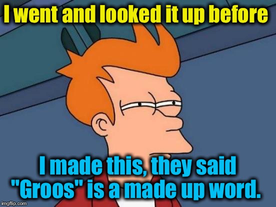 Futurama Fry Meme | I went and looked it up before I made this, they said "Groos" is a made up word. | image tagged in memes,futurama fry | made w/ Imgflip meme maker