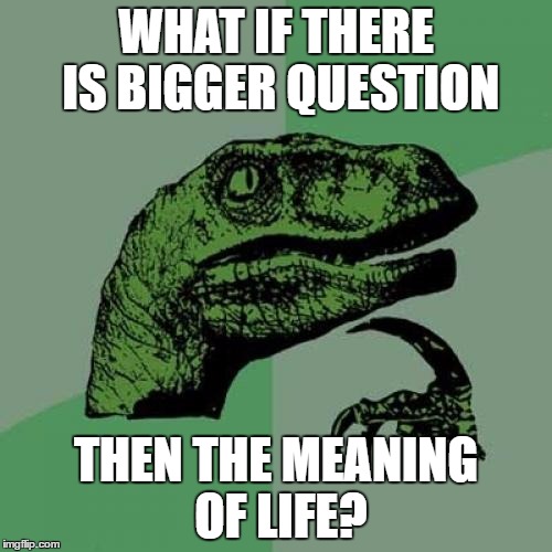 Philosoraptor | WHAT IF THERE IS BIGGER QUESTION; THEN THE MEANING OF LIFE? | image tagged in memes,philosoraptor | made w/ Imgflip meme maker