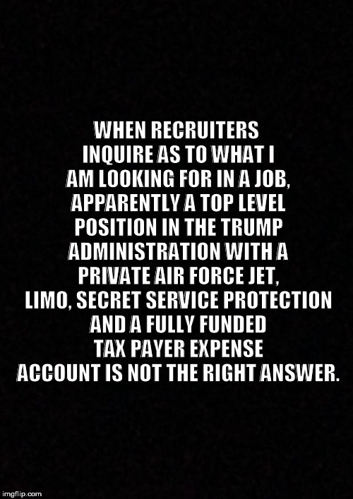 Blank  | WHEN RECRUITERS INQUIRE AS TO WHAT I AM LOOKING FOR IN A JOB, APPARENTLY A TOP LEVEL POSITION IN THE TRUMP ADMINISTRATION WITH A PRIVATE AIR FORCE JET, LIMO, SECRET SERVICE PROTECTION AND A FULLY FUNDED TAX PAYER EXPENSE ACCOUNT IS NOT THE RIGHT ANSWER. | image tagged in blank | made w/ Imgflip meme maker