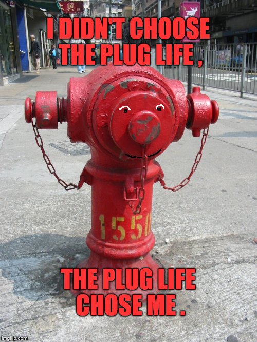 fire hydrant number 1550 | I DIDN'T CHOOSE THE PLUG LIFE , THE PLUG LIFE CHOSE ME . | image tagged in fire hydrant number 1550 | made w/ Imgflip meme maker