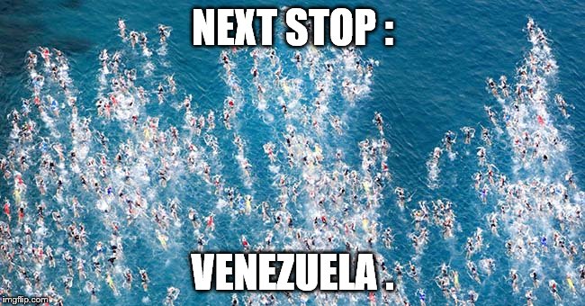 Swimmers in flight | NEXT STOP : VENEZUELA . | image tagged in swimmers in flight | made w/ Imgflip meme maker
