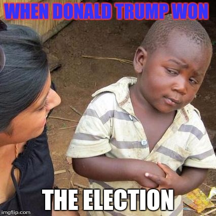 Third World Skeptical Kid Meme | WHEN DONALD TRUMP WON; THE ELECTION | image tagged in memes,third world skeptical kid | made w/ Imgflip meme maker