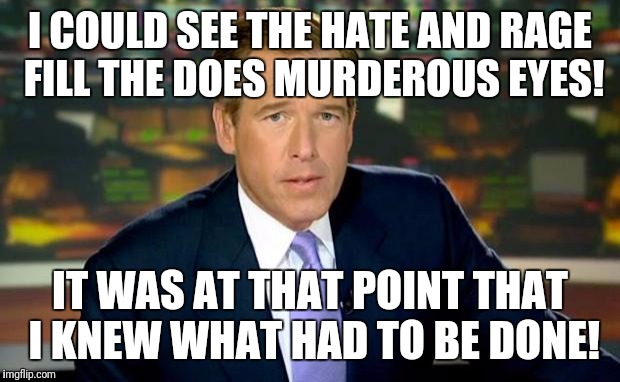 Brian Williams Was There | I COULD SEE THE HATE AND RAGE FILL THE DOES MURDEROUS EYES! IT WAS AT THAT POINT THAT I KNEW WHAT HAD TO BE DONE! | image tagged in memes,brian williams was there | made w/ Imgflip meme maker
