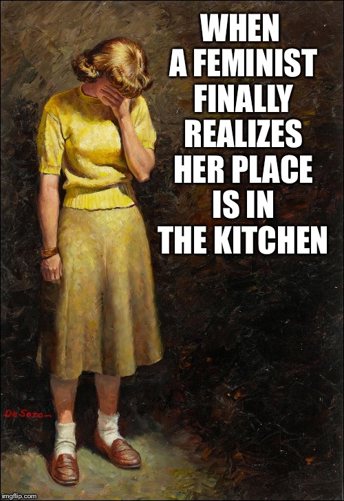 WHEN A FEMINIST FINALLY REALIZES HER PLACE IS IN THE KITCHEN | image tagged in feminism,feminist | made w/ Imgflip meme maker