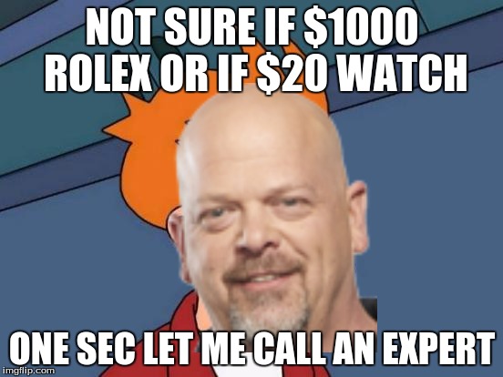 Futurama Fry | NOT SURE IF $1000 ROLEX OR IF $20 WATCH; ONE SEC LET ME CALL AN EXPERT | image tagged in memes,futurama fry | made w/ Imgflip meme maker