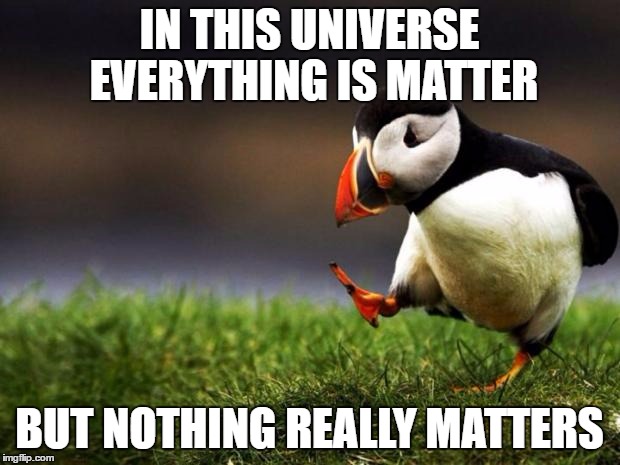 Unpopular Opinion Puffin Meme | IN THIS UNIVERSE EVERYTHING IS MATTER; BUT NOTHING REALLY MATTERS | image tagged in memes,unpopular opinion puffin | made w/ Imgflip meme maker