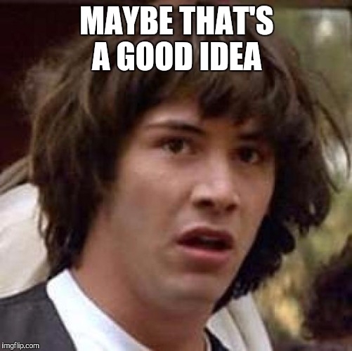 Conspiracy Keanu | MAYBE THAT'S A GOOD IDEA | image tagged in memes,conspiracy keanu | made w/ Imgflip meme maker