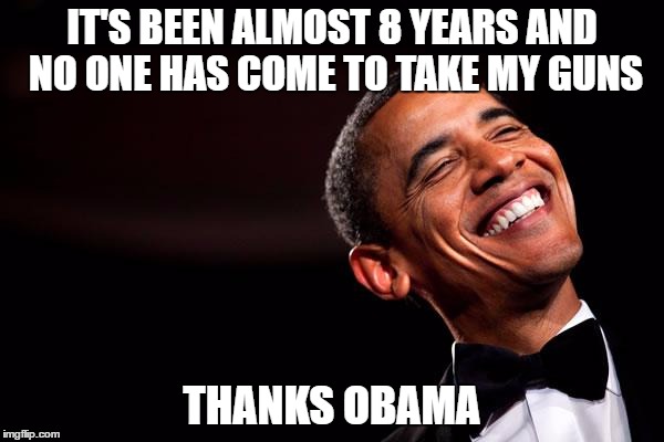 Obama smiles | IT'S BEEN ALMOST 8 YEARS AND NO ONE HAS COME TO TAKE MY GUNS; THANKS OBAMA | image tagged in obama smiles | made w/ Imgflip meme maker