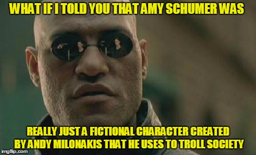 What if Amy is really just Andy? | WHAT IF I TOLD YOU THAT AMY SCHUMER WAS; REALLY JUST A FICTIONAL CHARACTER CREATED BY ANDY MILONAKIS THAT HE USES TO TROLL SOCIETY | image tagged in memes,matrix morpheus,funny memes,celebrities,amy schumer,stupid people | made w/ Imgflip meme maker