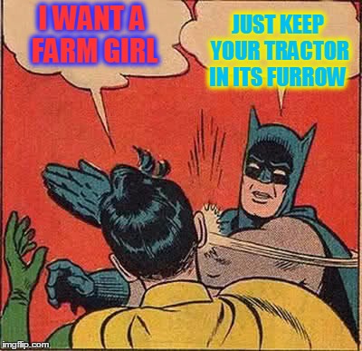 Batman Slapping Robin Meme | I WANT A FARM GIRL JUST KEEP YOUR TRACTOR IN ITS FURROW | image tagged in memes,batman slapping robin | made w/ Imgflip meme maker