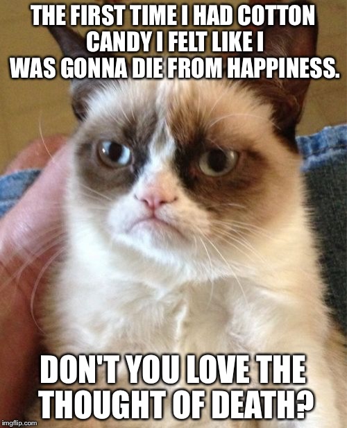 Grumpy Cat | THE FIRST TIME I HAD COTTON CANDY I FELT LIKE I WAS GONNA DIE FROM HAPPINESS. DON'T YOU LOVE THE THOUGHT OF DEATH? | image tagged in memes,grumpy cat | made w/ Imgflip meme maker