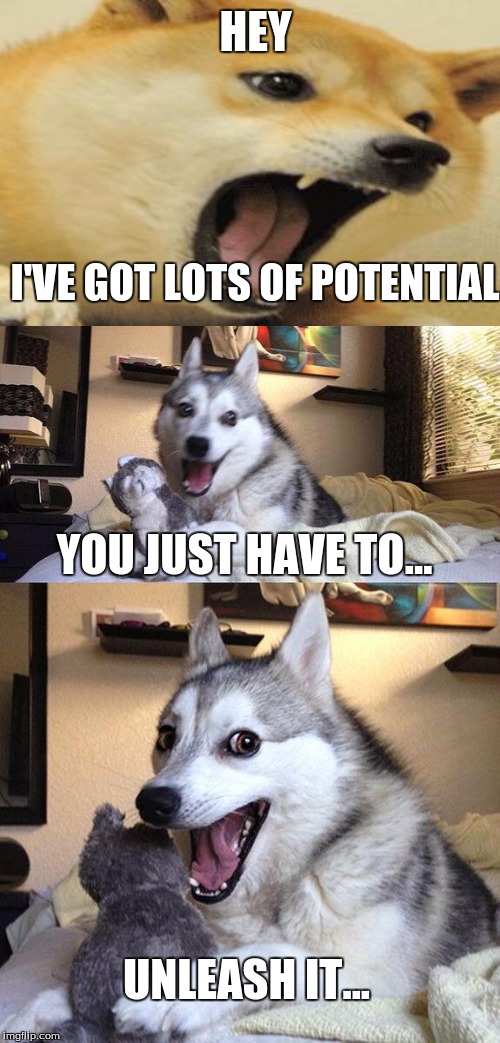 Bad Pun Dog Meme | HEY; I'VE GOT LOTS OF POTENTIAL; YOU JUST HAVE TO... UNLEASH IT... | image tagged in memes,bad pun dog | made w/ Imgflip meme maker