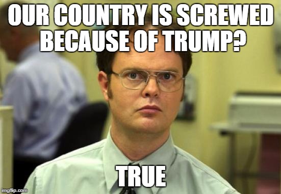 Dwight Schrute Meme | OUR COUNTRY IS SCREWED BECAUSE OF TRUMP? TRUE | image tagged in memes,dwight schrute | made w/ Imgflip meme maker