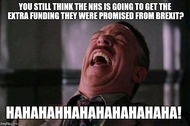 ha ha ha ha  | YOU STILL THINK THE NHS IS GOING TO GET THE EXTRA FUNDING THEY WERE PROMISED FROM BREXIT? HAHAHAHHAHAHAHAHAHAHA! | image tagged in ha ha ha ha | made w/ Imgflip meme maker