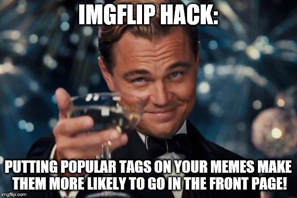 Leonardo Dicaprio Cheers Meme | IMGFLIP HACK: PUTTING POPULAR TAGS ON YOUR MEMES MAKE THEM MORE LIKELY TO GO IN THE FRONT PAGE! | image tagged in memes,leonardo dicaprio cheers | made w/ Imgflip meme maker