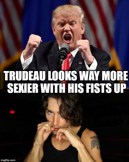 Trudeau vs Trump | TRUDEAU LOOKS WAY MORE SEXIER WITH HIS FISTS UP | image tagged in trump,trudeau | made w/ Imgflip meme maker