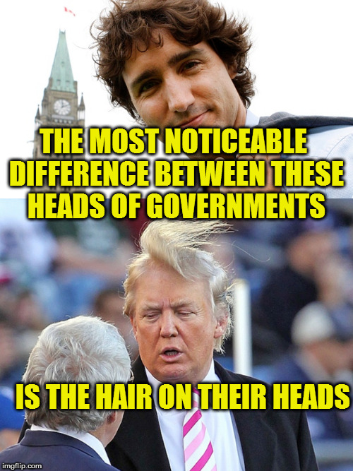 Trump vs Trudeau | THE MOST NOTICEABLE DIFFERENCE BETWEEN THESE HEADS OF GOVERNMENTS; IS THE HAIR ON THEIR HEADS | image tagged in trump,trudeau | made w/ Imgflip meme maker