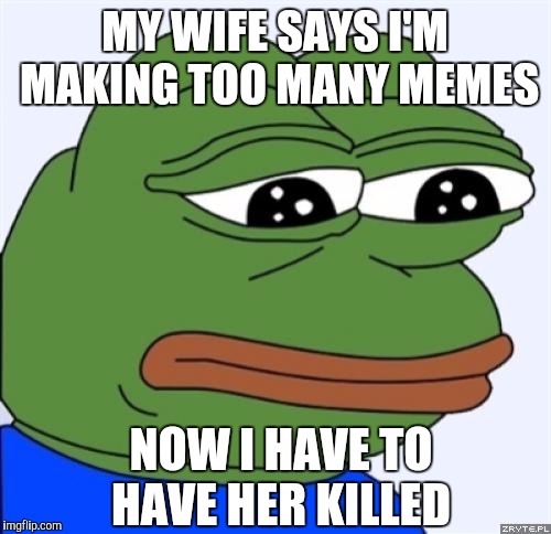 sad frog | MY WIFE SAYS I'M MAKING TOO MANY MEMES; NOW I HAVE TO HAVE HER KILLED | image tagged in sad frog | made w/ Imgflip meme maker
