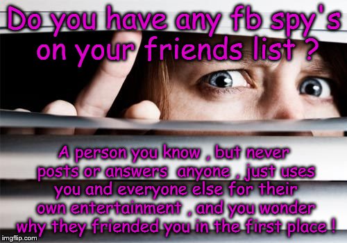 Face Book spy | Do you have any fb spy's on your friends list ? A person you know , but never posts or answers  anyone , just uses you and everyone else for their own entertainment , and you wonder why they friended you in the first place ! | image tagged in spy,peeping tom,facebook,users,looser,friends | made w/ Imgflip meme maker