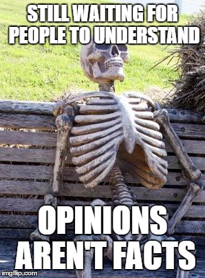 Waiting Skeleton Meme | STILL WAITING FOR PEOPLE TO UNDERSTAND; OPINIONS AREN'T FACTS | image tagged in memes,waiting skeleton | made w/ Imgflip meme maker