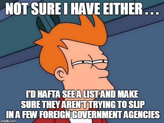 Futurama Fry Meme | NOT SURE I HAVE EITHER . . . I'D HAFTA SEE A LIST AND MAKE SURE THEY AREN'T TRYING TO SLIP IN A FEW FOREIGN GOVERNMENT AGENCIES | image tagged in memes,futurama fry | made w/ Imgflip meme maker