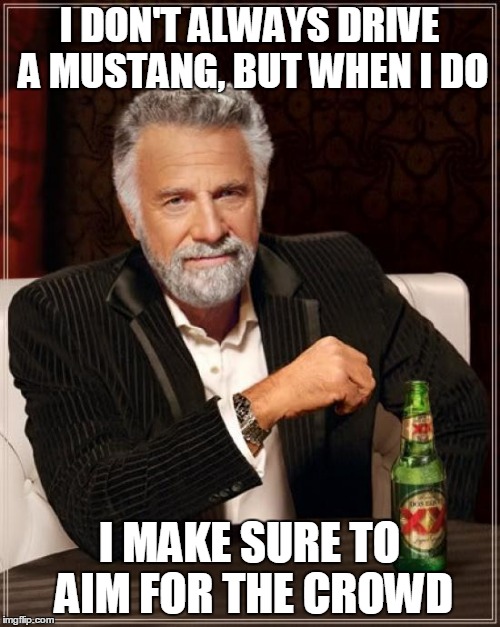 Making fun of my dream car... | I DON'T ALWAYS DRIVE A MUSTANG, BUT WHEN I DO; I MAKE SURE TO AIM FOR THE CROWD | image tagged in memes,the most interesting man in the world,mustang,ford,ford mustang,car memes | made w/ Imgflip meme maker