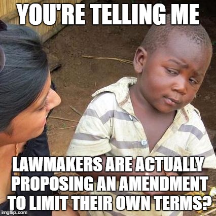 Can They Do It? | YOU'RE TELLING ME; LAWMAKERS ARE ACTUALLY PROPOSING AN AMENDMENT TO LIMIT THEIR OWN TERMS? | image tagged in memes,third world skeptical kid,republicans,democrats,libertarian,politics | made w/ Imgflip meme maker
