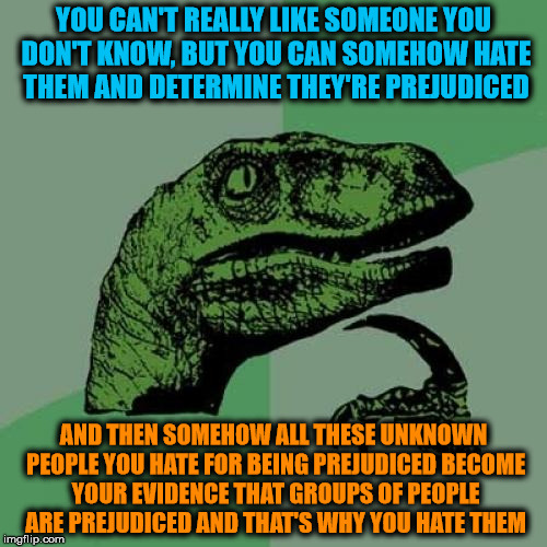 Philosoraptor Meme | YOU CAN'T REALLY LIKE SOMEONE YOU DON'T KNOW, BUT YOU CAN SOMEHOW HATE THEM AND DETERMINE THEY'RE PREJUDICED; AND THEN SOMEHOW ALL THESE UNKNOWN PEOPLE YOU HATE FOR BEING PREJUDICED BECOME YOUR EVIDENCE THAT GROUPS OF PEOPLE ARE PREJUDICED AND THAT'S WHY YOU HATE THEM | image tagged in memes,philosoraptor | made w/ Imgflip meme maker