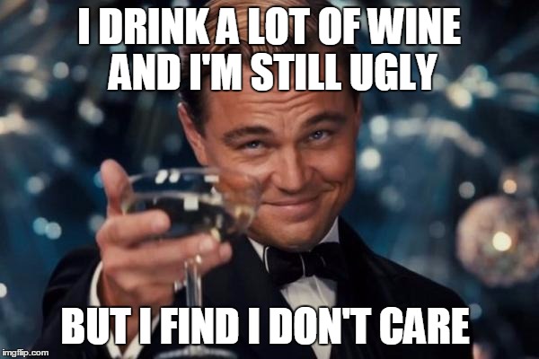 Leonardo Dicaprio Cheers Meme | I DRINK A LOT OF WINE AND I'M STILL UGLY BUT I FIND I DON'T CARE | image tagged in memes,leonardo dicaprio cheers | made w/ Imgflip meme maker