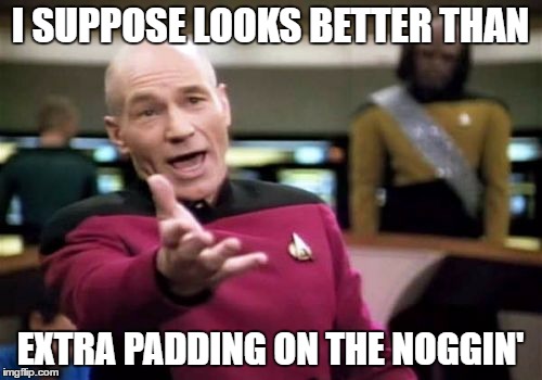 Picard Wtf Meme | I SUPPOSE LOOKS BETTER THAN EXTRA PADDING ON THE NOGGIN' | image tagged in memes,picard wtf | made w/ Imgflip meme maker