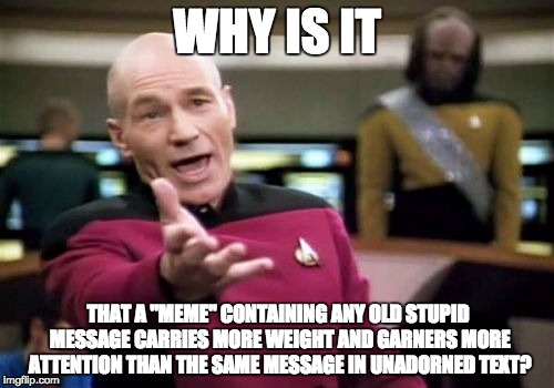 Picard Wtf | WHY IS IT; THAT A "MEME" CONTAINING ANY OLD STUPID MESSAGE CARRIES MORE WEIGHT AND GARNERS MORE ATTENTION THAN THE SAME MESSAGE IN UNADORNED TEXT? | image tagged in memes,picard wtf | made w/ Imgflip meme maker