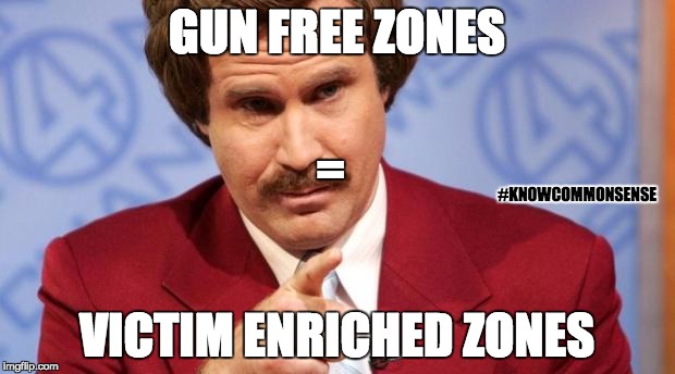 Ron Burgundy MBA | GUN FREE ZONES; =; #KNOWCOMMONSENSE; VICTIM ENRICHED ZONES | image tagged in ron burgundy mba | made w/ Imgflip meme maker