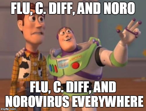 X, X Everywhere Meme | FLU, C. DIFF, AND NORO; FLU, C. DIFF, AND NOROVIRUS EVERYWHERE | image tagged in memes,x x everywhere | made w/ Imgflip meme maker