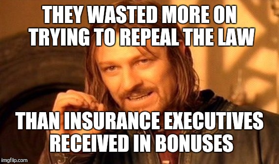 One Does Not Simply Meme | THEY WASTED MORE ON TRYING TO REPEAL THE LAW THAN INSURANCE EXECUTIVES RECEIVED IN BONUSES | image tagged in memes,one does not simply | made w/ Imgflip meme maker