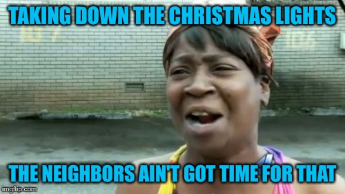 Ain't Nobody Got Time For That | TAKING DOWN THE CHRISTMAS LIGHTS; THE NEIGHBORS AIN'T GOT TIME FOR THAT | image tagged in memes,aint nobody got time for that | made w/ Imgflip meme maker