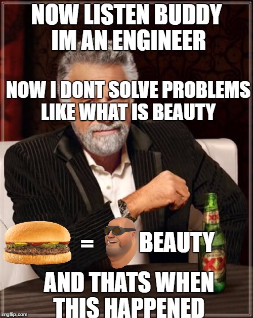 The Most Interesting Man In The World | NOW LISTEN BUDDY IM AN ENGINEER; NOW I DONT SOLVE PROBLEMS LIKE WHAT IS BEAUTY; BEAUTY; =; AND THATS WHEN THIS HAPPENED | image tagged in memes,the most interesting man in the world | made w/ Imgflip meme maker