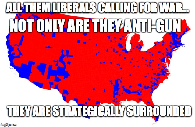 Dont fight a war you cant win | NOT ONLY ARE THEY ANTI-GUN; ALL THEM LIBERALS CALLING FOR WAR... THEY ARE STRATEGICALLY SURROUNDED | image tagged in liberal logic | made w/ Imgflip meme maker