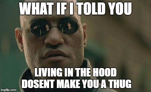 Matrix Morpheus | WHAT IF I TOLD YOU; LIVING IN THE HOOD DOSENT MAKE YOU A THUG | image tagged in memes,matrix morpheus | made w/ Imgflip meme maker