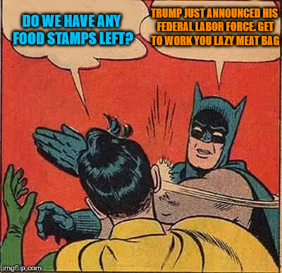 Batman Slapping Robin Meme | DO WE HAVE ANY FOOD STAMPS LEFT? TRUMP JUST ANNOUNCED HIS FEDERAL LABOR FORCE. GET TO WORK YOU LAZY MEAT BAG | image tagged in memes,batman slapping robin | made w/ Imgflip meme maker