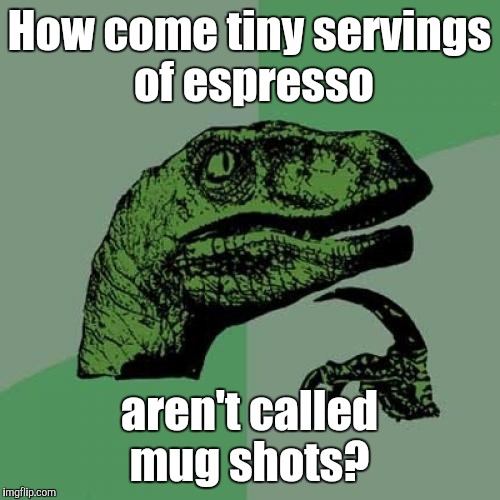 Philosoraptor Meme | How come tiny servings  of espresso; aren't called mug shots? | image tagged in memes,philosoraptor | made w/ Imgflip meme maker
