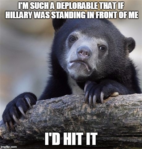 I'm not a player, I just crush a lot | I'M SUCH A DEPLORABLE THAT IF HILLARY WAS STANDING IN FRONT OF ME; I'D HIT IT | image tagged in memes,confession bear | made w/ Imgflip meme maker
