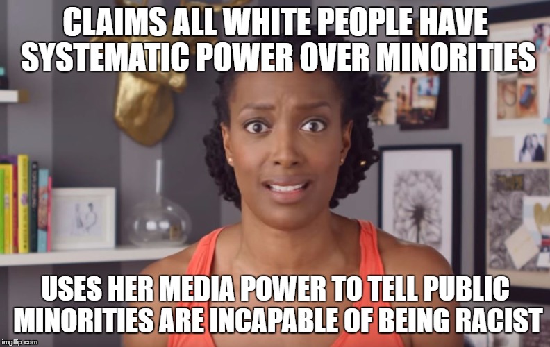Franchesca Ramsey | CLAIMS ALL WHITE PEOPLE HAVE SYSTEMATIC POWER OVER MINORITIES; USES HER MEDIA POWER TO TELL PUBLIC MINORITIES ARE INCAPABLE OF BEING RACIST | image tagged in mtv,racist,racism,white people,white privilege | made w/ Imgflip meme maker